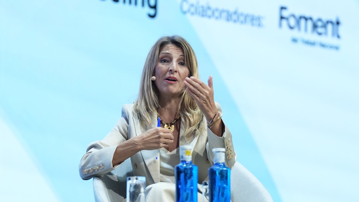 La vicepresidenta segunda y ministra de Trabajo y Economía Social, Yolanda Díaz, durante la segunda edición del foro 'World in Progress'.