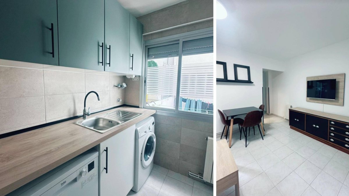 Una estética coherente y actual une cocina y salón: mobiliario renovado, colores neutros y soluciones funcionales que modernizan el espacio sin sobrepasar el presupuesto.
