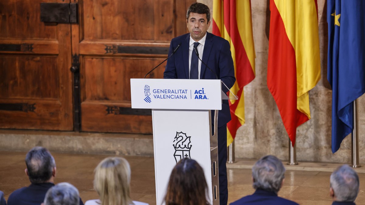 El president de la Generalitat, Carlos Mazón durante la declaración institucional en la que ha anunciado su dimisión.