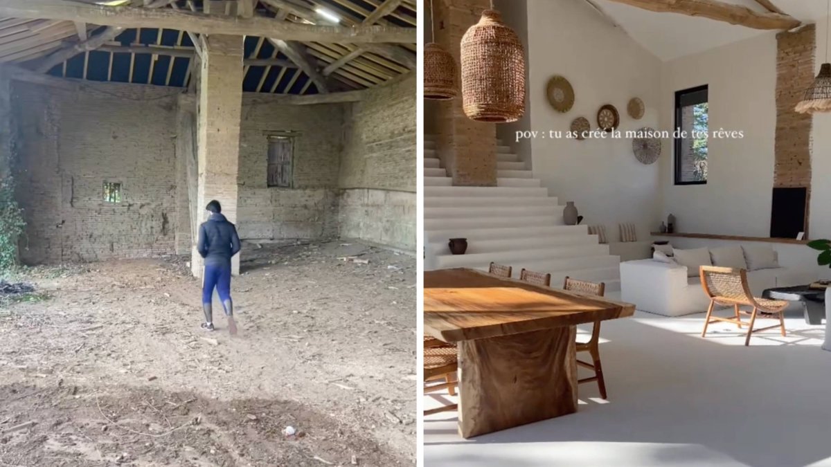 Del abandono a la armonía: la misma estructura que estaba en ruinas en 2022 hoy acoge un espacio diáfano, cálido y lleno de luz natural, combinando arquitectura rural y diseño contemporáneo.