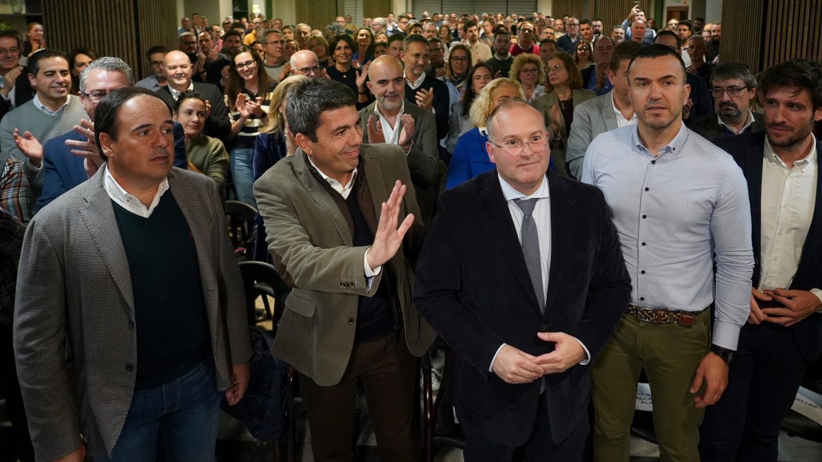 Miguel Tellado junto a Carlos Mazón, Vicent Mompó y Juanfran Pérez Llorca durante una Junta Directiva Autonómica del PPCV