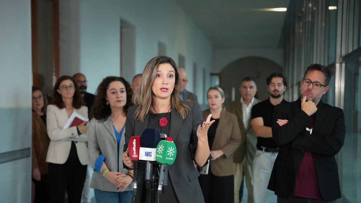 Los portavoces parlamentarios del PSOE-A, María Márquez y del resto de formaciones de izquierdas en el Parlamento.