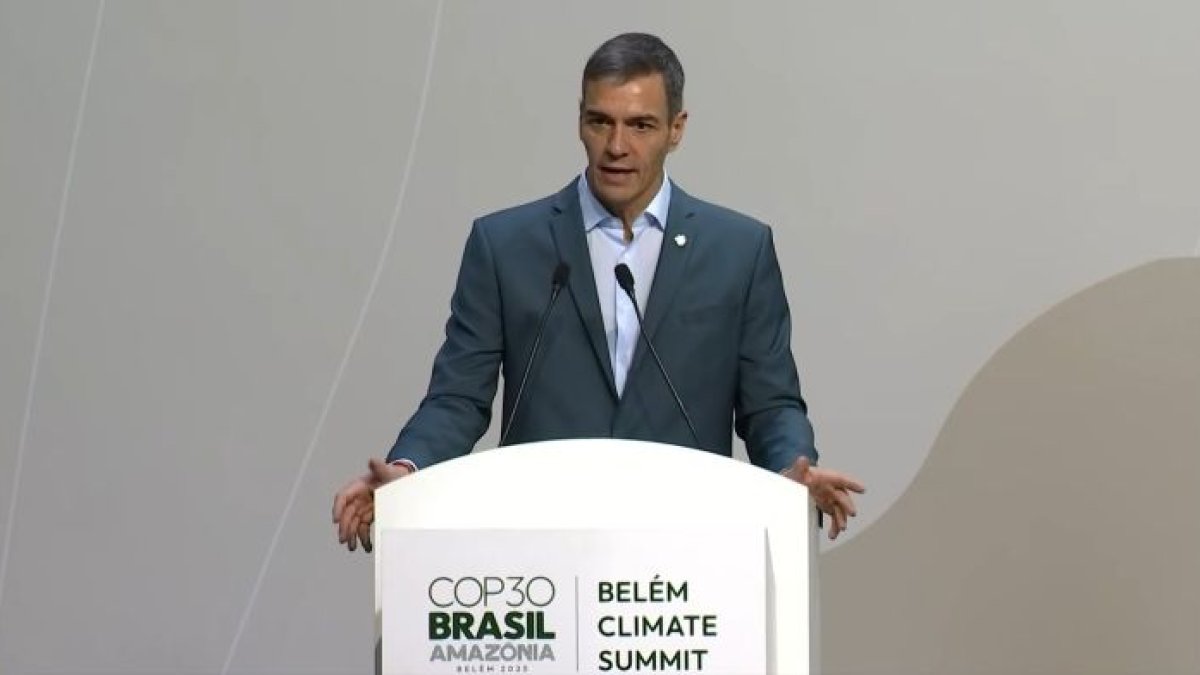 Pedro Sánchez en su comparecencia en la COP-30 en Brasil