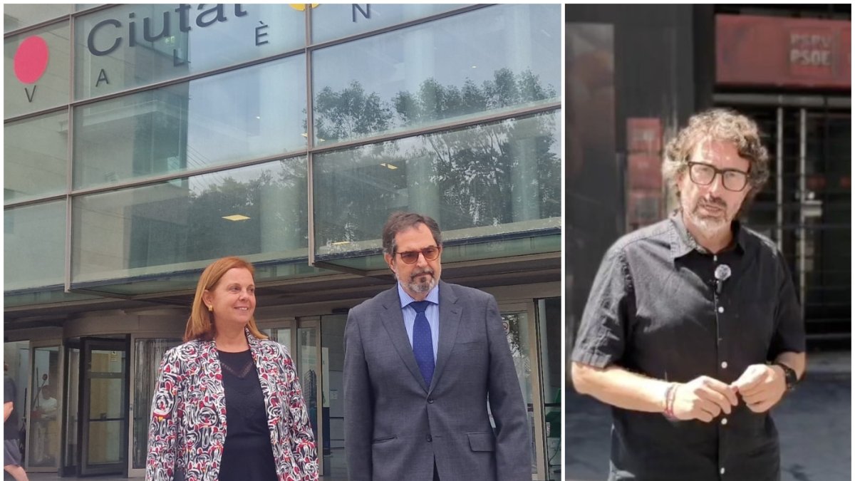 La secretaria general del PP provincial de Valencia, Reme Mazzolari, junto a su abogado y el secretario de organización del PSPV, Vicent Mascarell