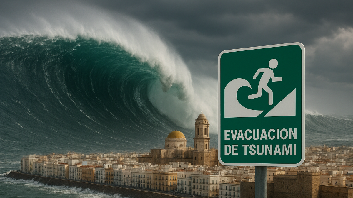 Imagen creada con IA de un maremoto en Cádiz.