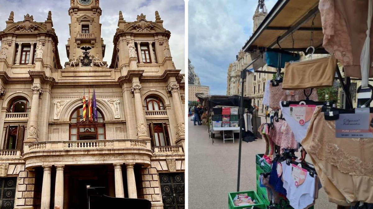 Una pianista en la Plaza del Ayuntamiento con María José Catalá y un puesto de bragas con Joan Ribó