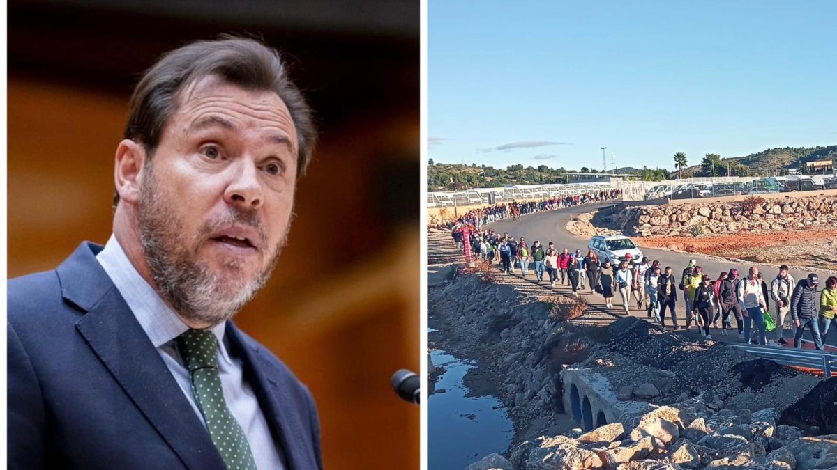 Óscar Puente y gente cruzando el barranco del Poyo para ir al Circuito de Cheste