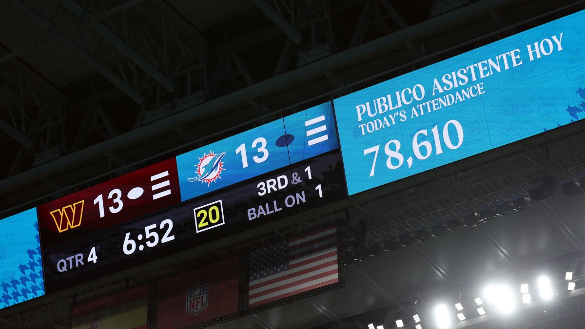 MADRID, SPAIN - NOVEMBER 16: General view inside the stadium showing the scoreboard and attendance of 78,610 during the NFL 2025 game between Washington Commanders and Miami Dolphins at Estadio Santiago Bernabeu on November 16, 2025 in Madrid, Spain. (Photo by Florencia Tan Jun/Getty Images)