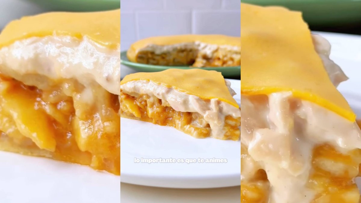 El corte perfecto: capas jugosas de patata, relleno de bonito y mayonesa, y una ‘txapela’ que lo corona todo. Cremosa, contundente y sin cebolla.