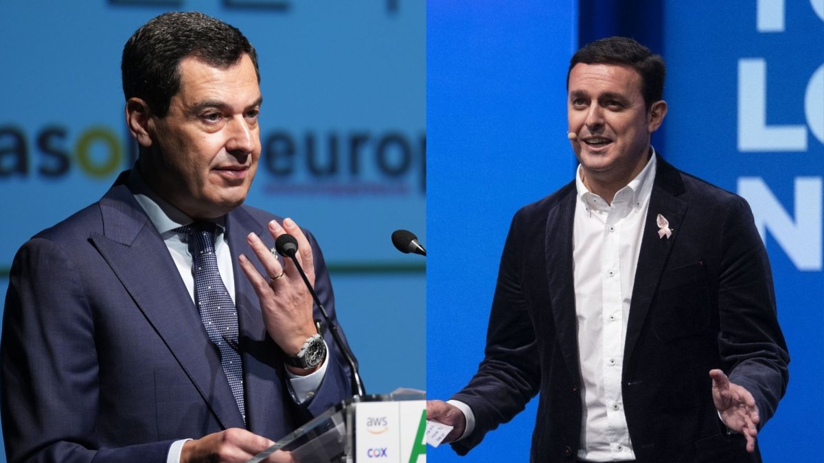 El rpesidente de la Junta y del PP-A, Juanma Moreno, y el presidente de la Diputación y del PP de Almería, Javier Aureliano García.