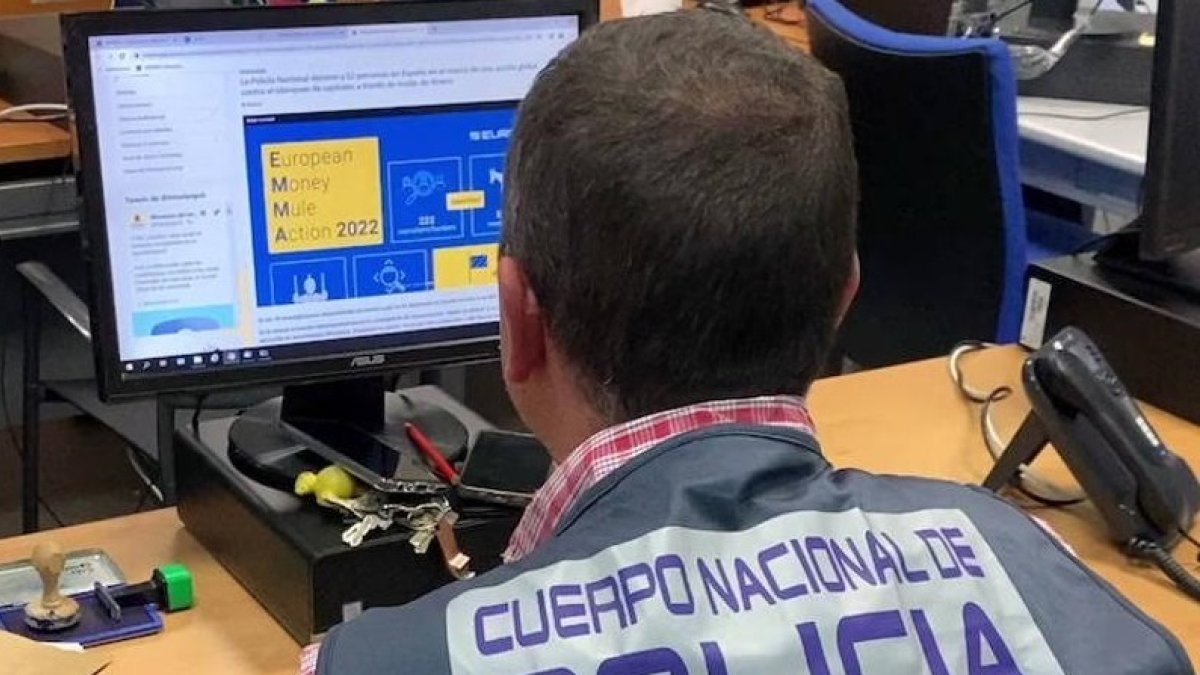 Un agente de la Policía Nacional en un ordenador investigando delitos a través de Internet.