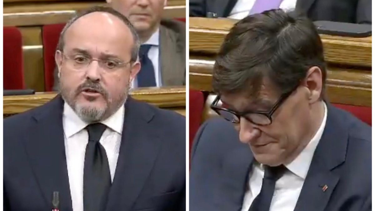 El líder del PP catalán, Alejandro Fernández, y el presidente de Cataluña, Salvador Illa, en el Parlament