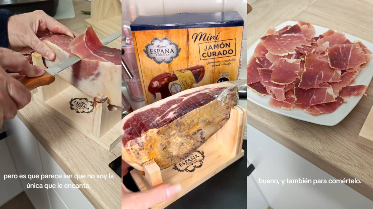 El mini jamón curado incluye cuchillo y soporte de madera; en redes ya lo muestran cortado y servido como aperitivo navideño.