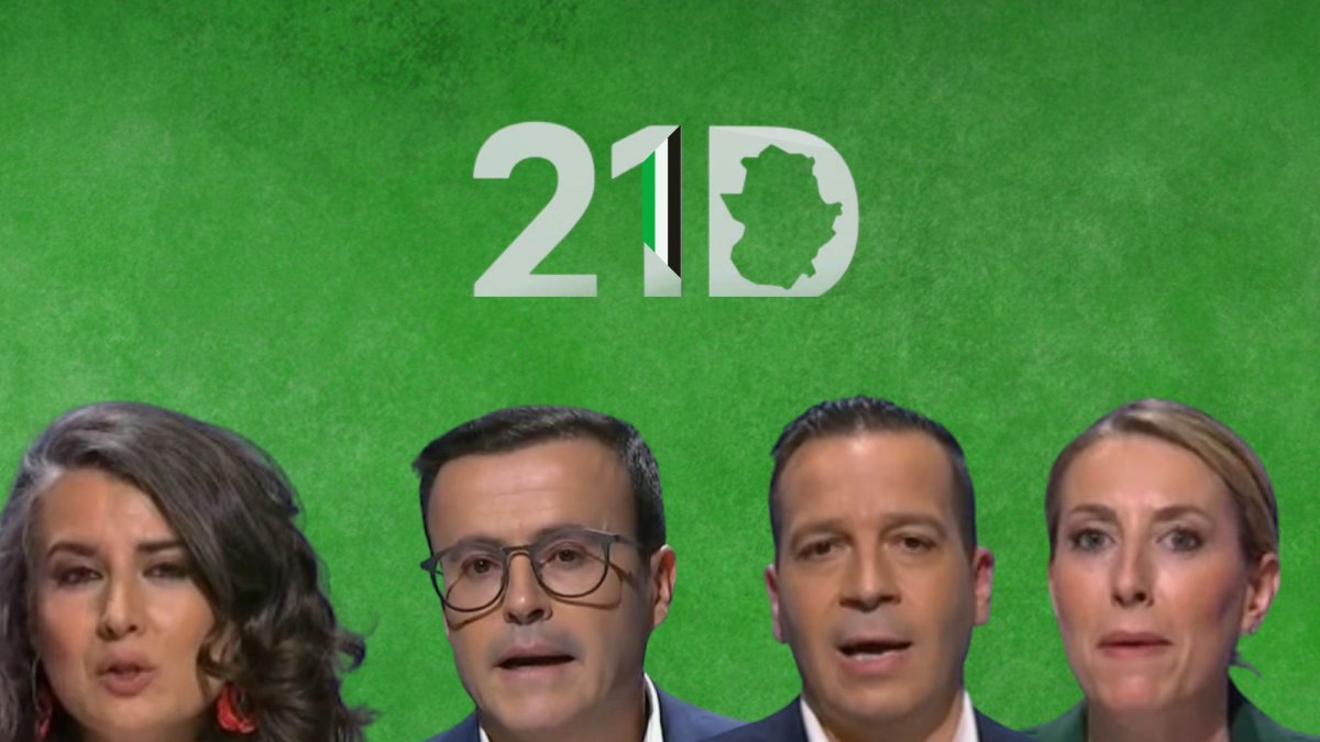 La candidata de Unidas por Extremadura, Irene de Miguel, el socialista Miguel Ángel Gallardo, el candidato de Vox, Óscar Fernández Calle y la candidata del PP Maria Guardiola