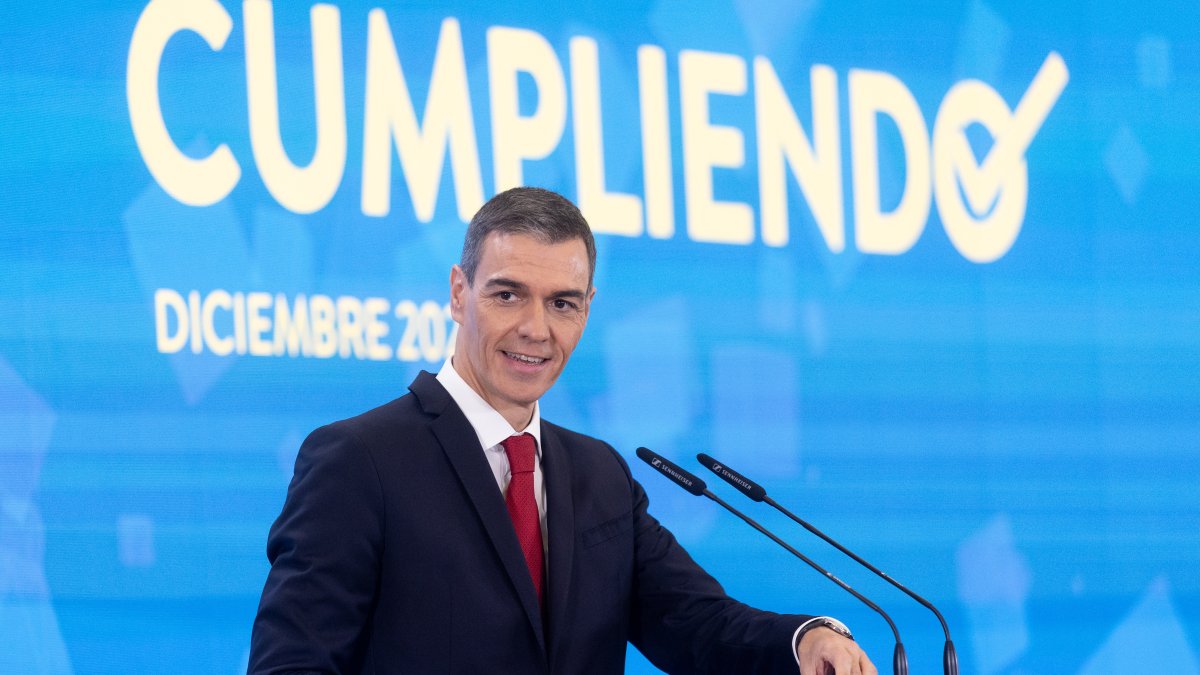 El presidente del Gobierno, Pedro Sánchez, durante su balance del año