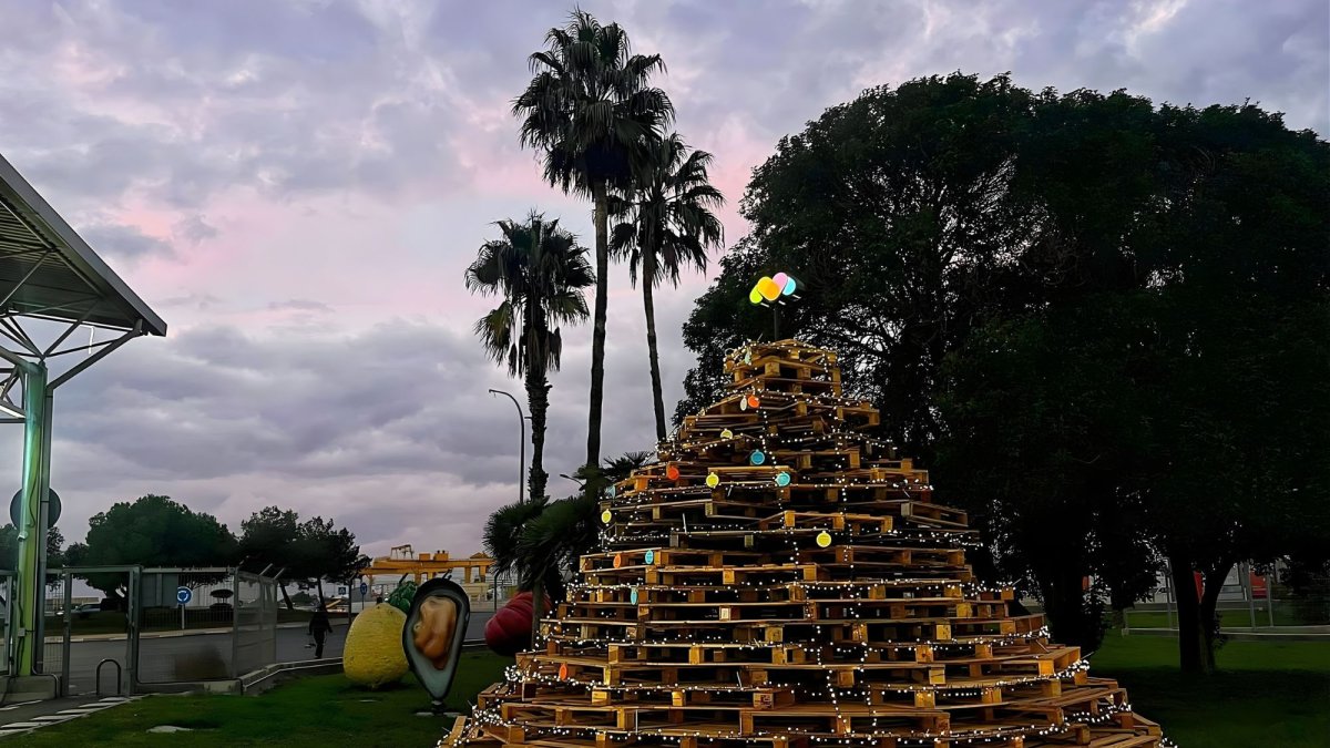 Una de las actividades de MercaValencia ha sido la creación del árbol navideño a base de palés.