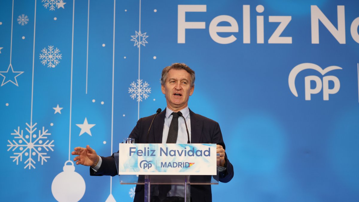 El presidente del Partido Popular, Alberto Núñez Feijóo interviene durante la cena de navidad del PP de Madrid.