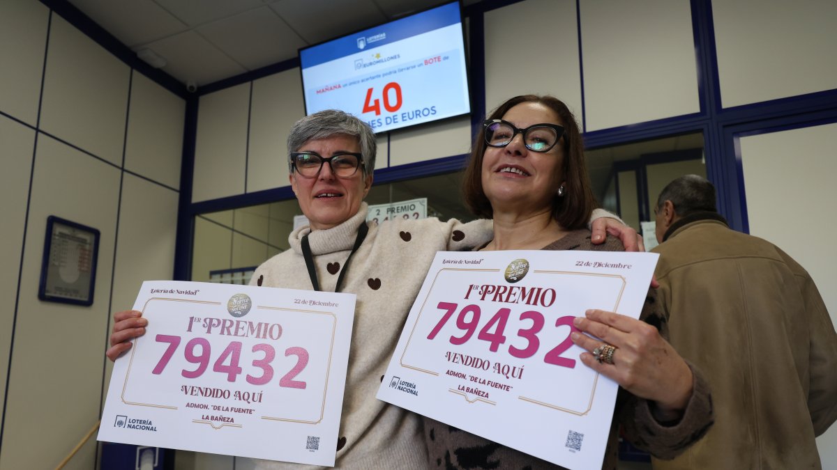 Empleados de la administración situada en la plaza Obispo Alcolea, 4, celebran que han vendido parte del número 79432 correspondiente al ‘Gordo’ del Sorteo extraordinario de la Lotería de Navidad 2025, a 22 de diciembre de 2025, en La Bañeza, León, Castilla y León (España). 
Fernando Otero / Europa Press
22 DICIEMBRE 2025