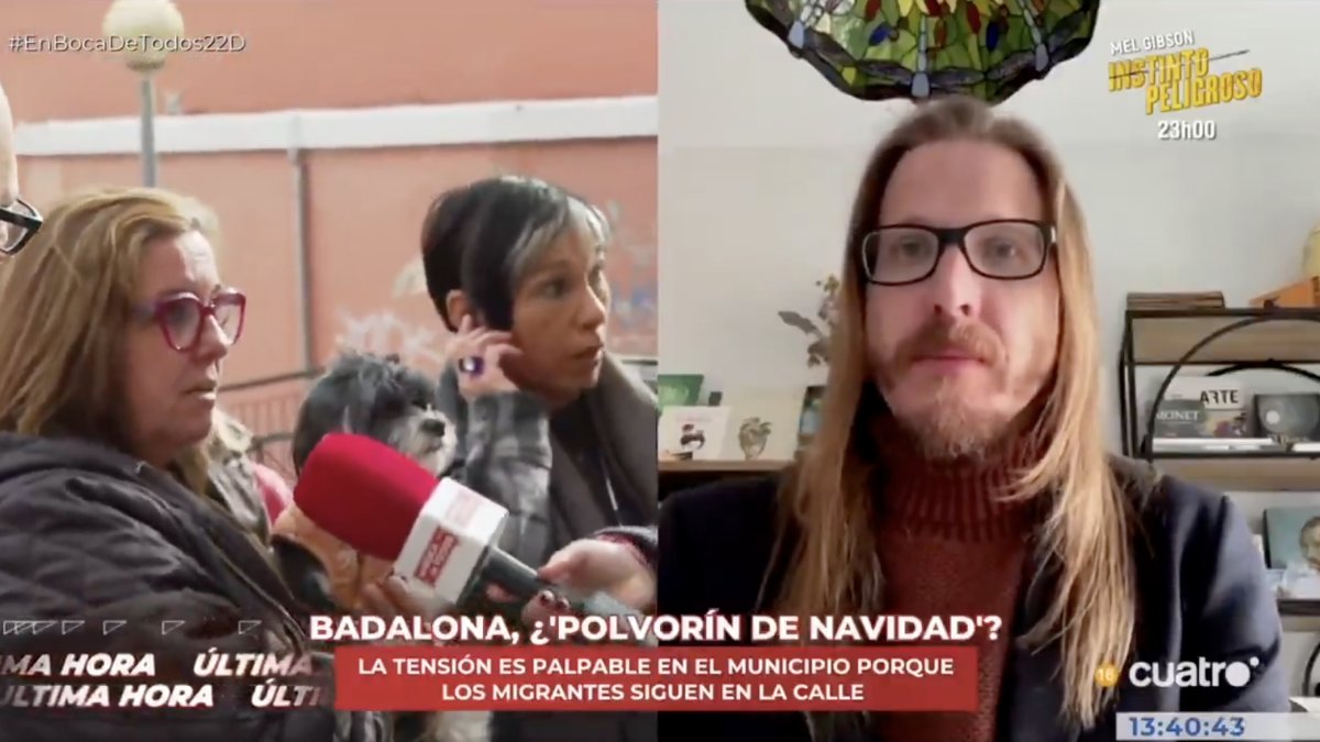 Vecina de Badalona y el portavoz de Podemos, Pablo Fernández, en Cuatro