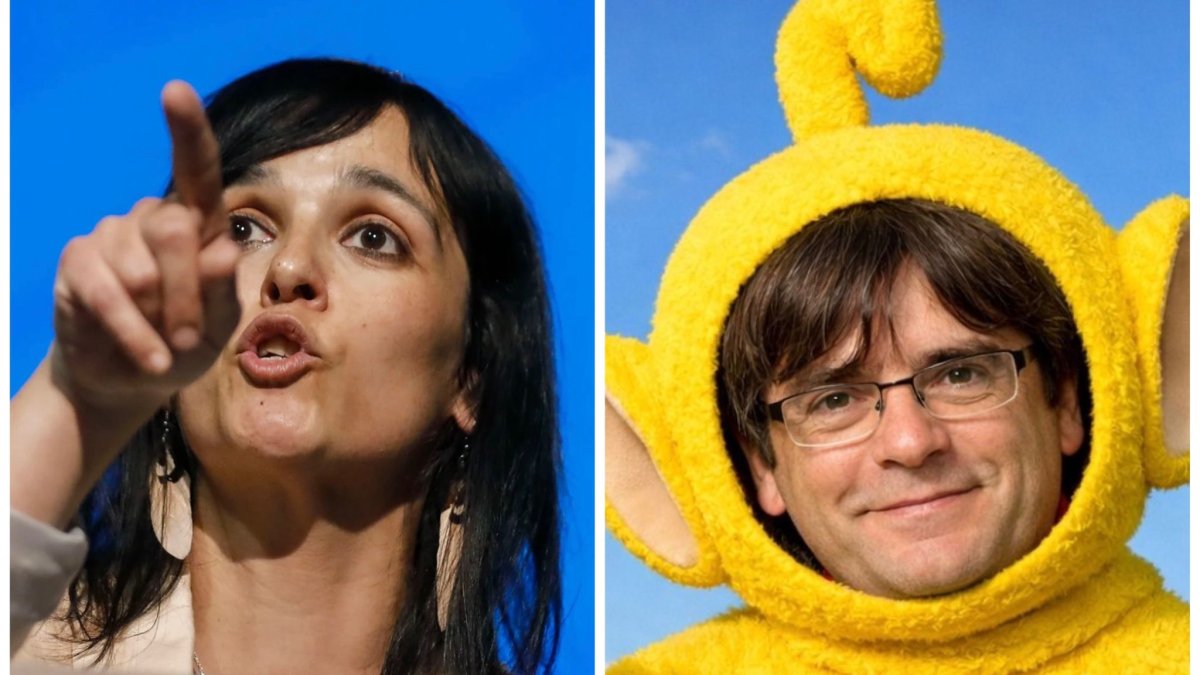 La líder de Aliança Catalana, Sílvia Orriols, y Carles Puigdemont de Teletubbie