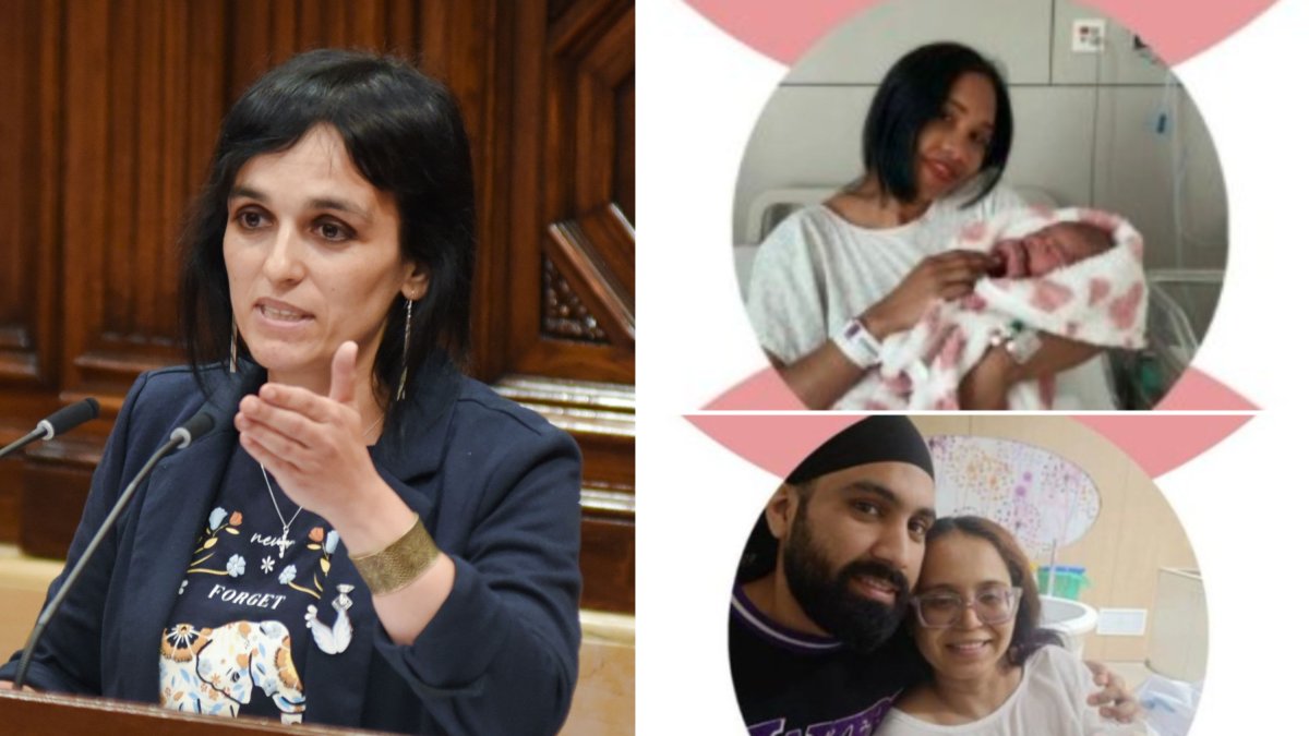 La diputada de Aliança Catalana, Sílvia Orriols (izq.) y dos de los primeros nacimientos en Cataluña (der.)
