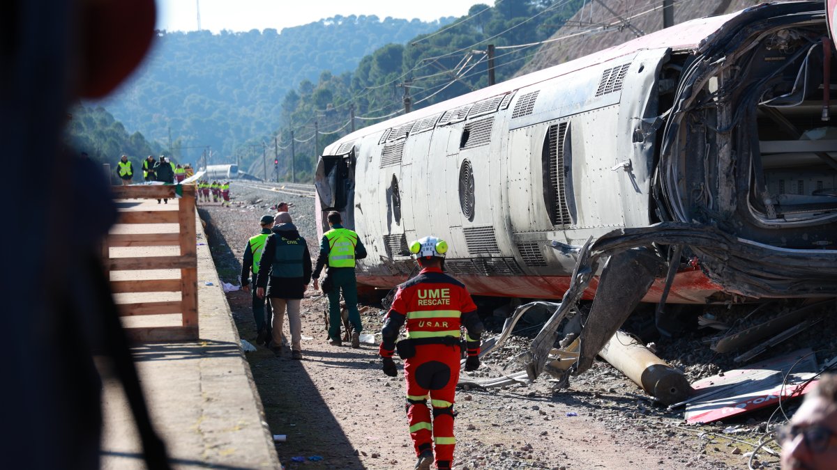 Un agente de la Unidad Militar de Emergencias (UME) trabaja en el lugar del accidente, a 20 de enero de 2026, en Adamuz, Córdoba.
