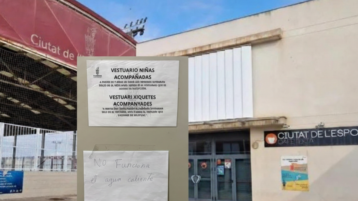 En el centro, abajo, nota manuscrita en el Palau d'Esports de Alboraya en la que se informa de que no hay agua caliente.