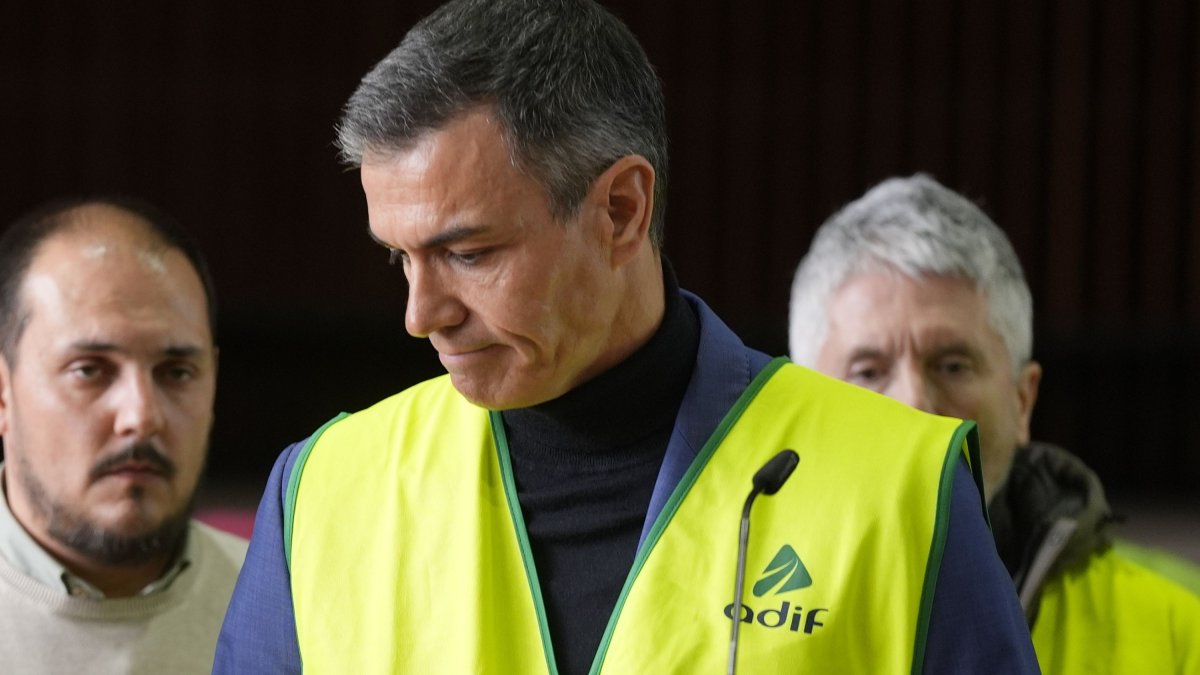 El presidente del Gobierno, Pedro Sánchez, atiende a los medios antes de trasladarse al lugar del accidente en Adamuz.