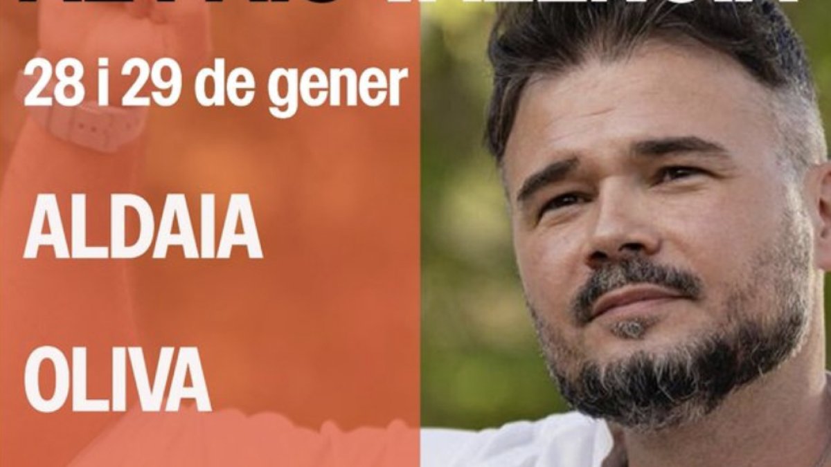 El portavoz de ERC en el Congreso, Gabriel Rufián, en el cartel de su gira valenciana