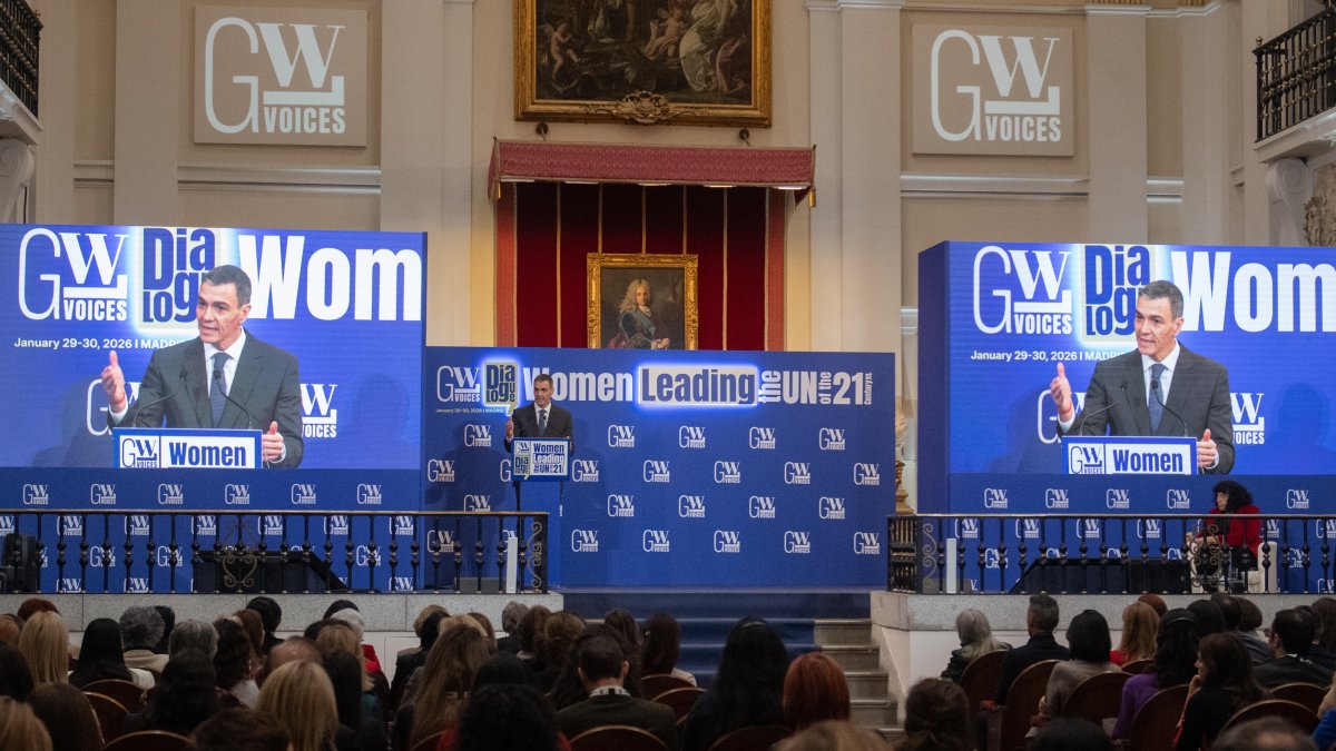 El presidente del Gobierno, Pedro Sánchez, interviene en el acto Mujeres liderando la ONU del siglo XXI, en la Real Academia de Bellas Artes de San Fernando.