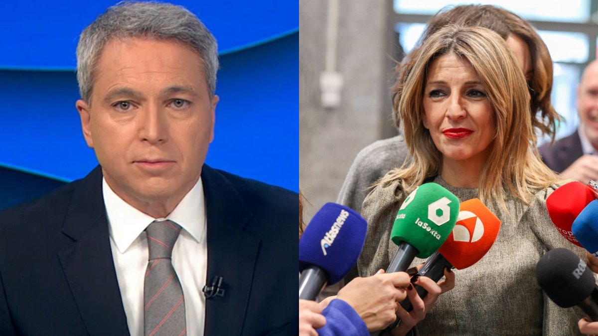 Vicente Vallés, presentador de Antena 3 Noticias (d) y Yolanda Díaz, vicepresidenta segunda del Gobierno y ministra de Trabajo y Economía Social (i)