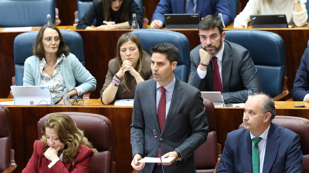 El ya exconsejero de Educación, Ciencia y Universidades, Emilio Viciana, interviene durante una sesión plenaria en la Asamblea de Madrid.
