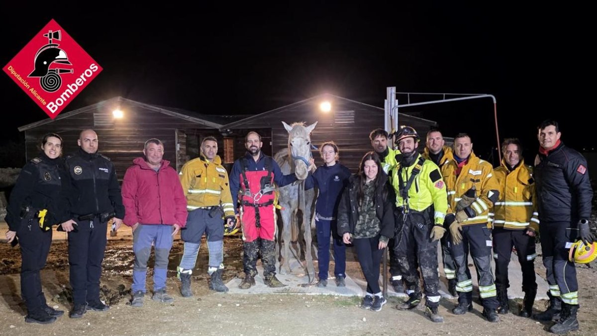 El equipo de rescate posa junto al caballo tras ser rescatado.