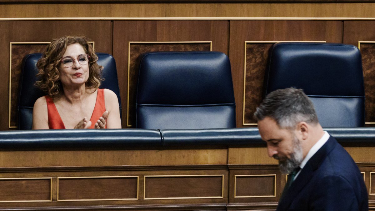 La vicepresidenta primera y ministra de Hacienda, María Jesús Montero, y el líder de Vox, Santiago Abascal.