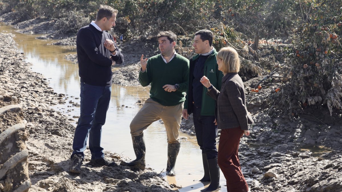 El presidente de la Junta de Andalucía, Juanma Moreno, junto al comisario europeo de Agricultura, Christophe Hansen en Jerez de la Frontera, Cádiz, este jueves.