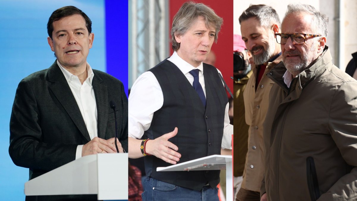 Los candidatos a la presencia de la Junta de Castilla y León que debatirán en el programa de RTVE. Alfonso Fernández Mañueco (i), Carlos Martínez (c) y Carlos Pollán junto a Santiago Abascal (d)