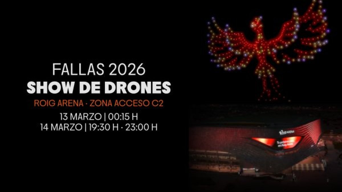 Imagen promocional del espectaculo de drones organizado por el Roig Arena para los dias 13 y 14 de marzo en Valencia.