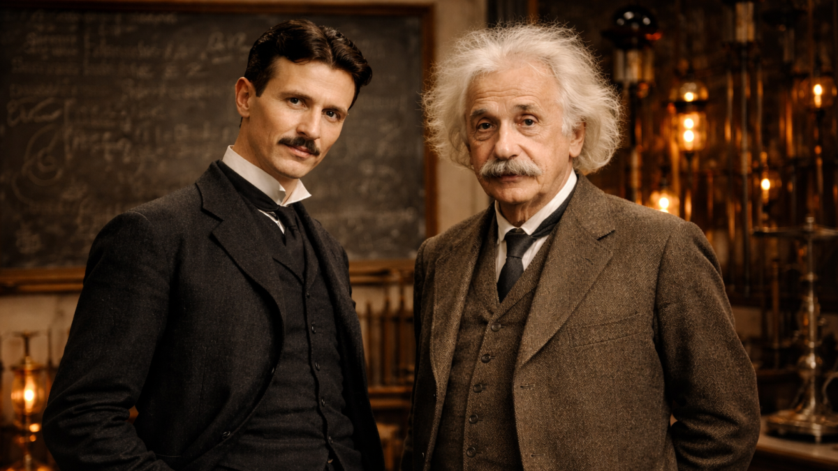 IMAGEN GENERADA POR IA. A la izquierda, Tesla, a la derecha Einstein