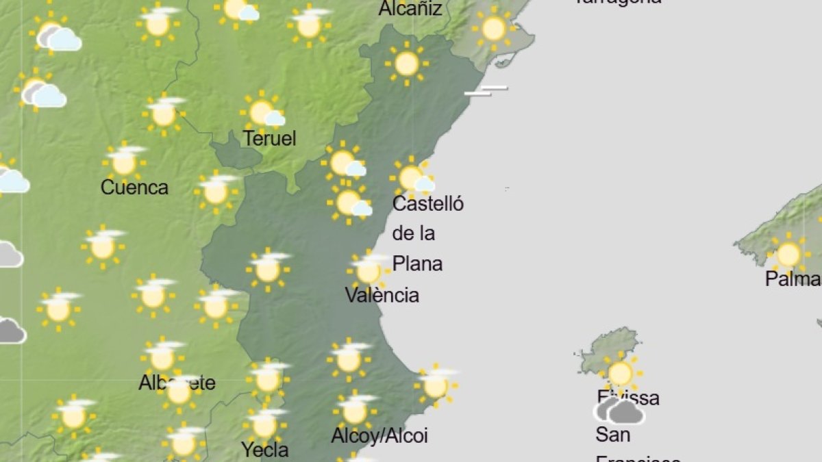 Predicción del tiempo para este martes 7 de abril de 2026 en la Comunitat Valenciana

REMITIDA / HANDOUT por AEMET
Fotografía remitida a medios de comunicación exclusivamente para ilustrar la noticia a la que hace referencia la imagen, y citando la procedencia de la imagen en la firma
07/4/2026