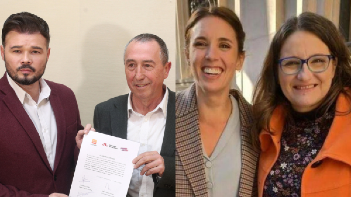 A la izquierda, Gabriel Rufián junto a Joan Baldoví, a la derecha Irene Montero junto a Mónica Oltra.