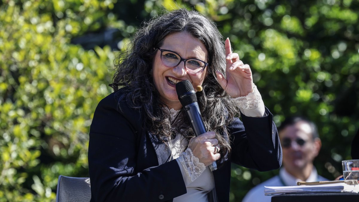 La exvicepresidenta de la Generalitat Valenciana, Mónica Oltra, durante el encuentro internacional 'Não à guerra, não à violência política, por un mundo ecofeminista', en el Jardí Botànic, a 16 de abril de 2026.