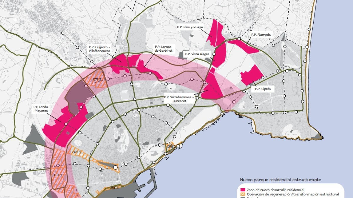 En rojo, las nuevas zonas de desarrollo residencial de Alicante