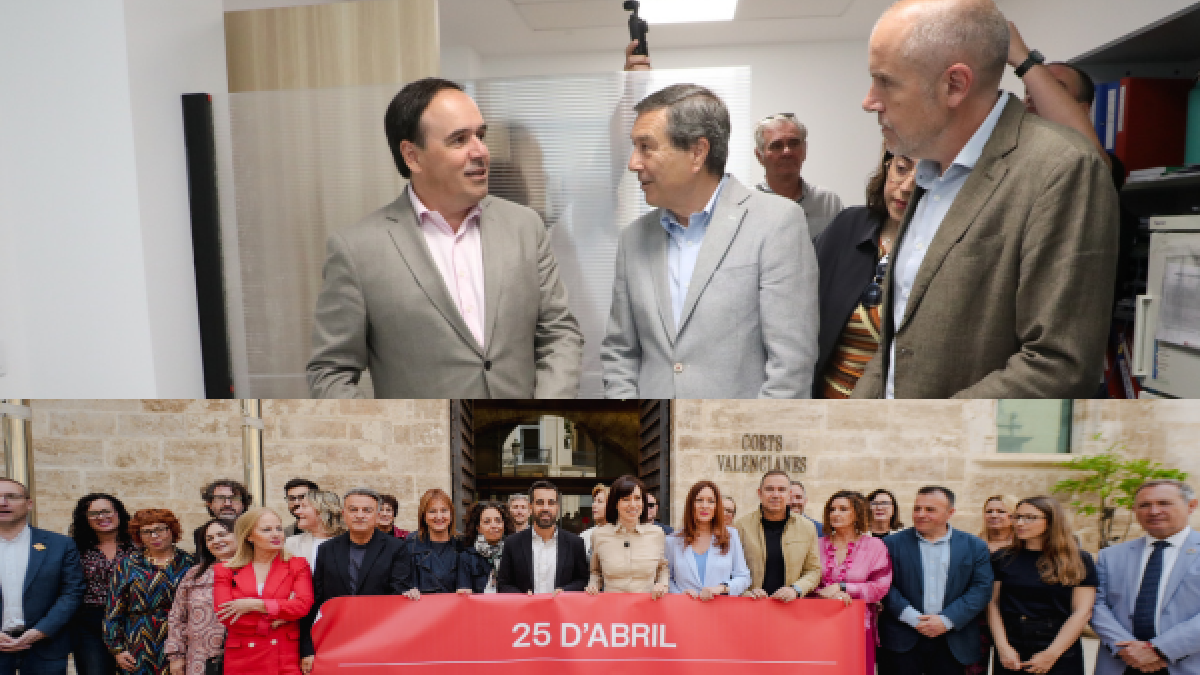 Arriba, Juanfran Pérez Llorca, junto al Conseller de Sanidad, Marciano Gómez y el alcalde de Moncofar, Wences Alós, visitan las obras del centro de Salud de la localidad. Abajo, el PSPV celebra el 25 de abril en la puerta de Les Corts