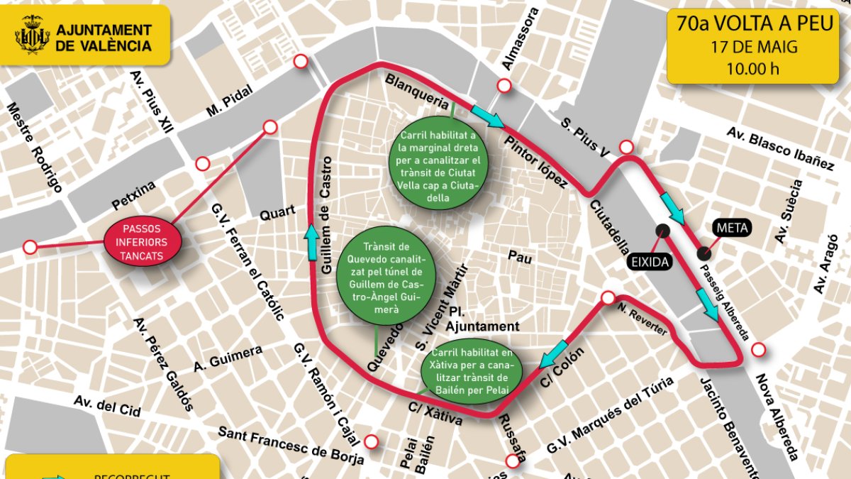 Recorrido previsto de la 70ª edición de la Volta a Peu de Valencia.