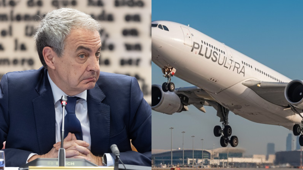 El expresidente Zapatero (izq.) y un avión de la aerolínea Plus Ultra (der.)