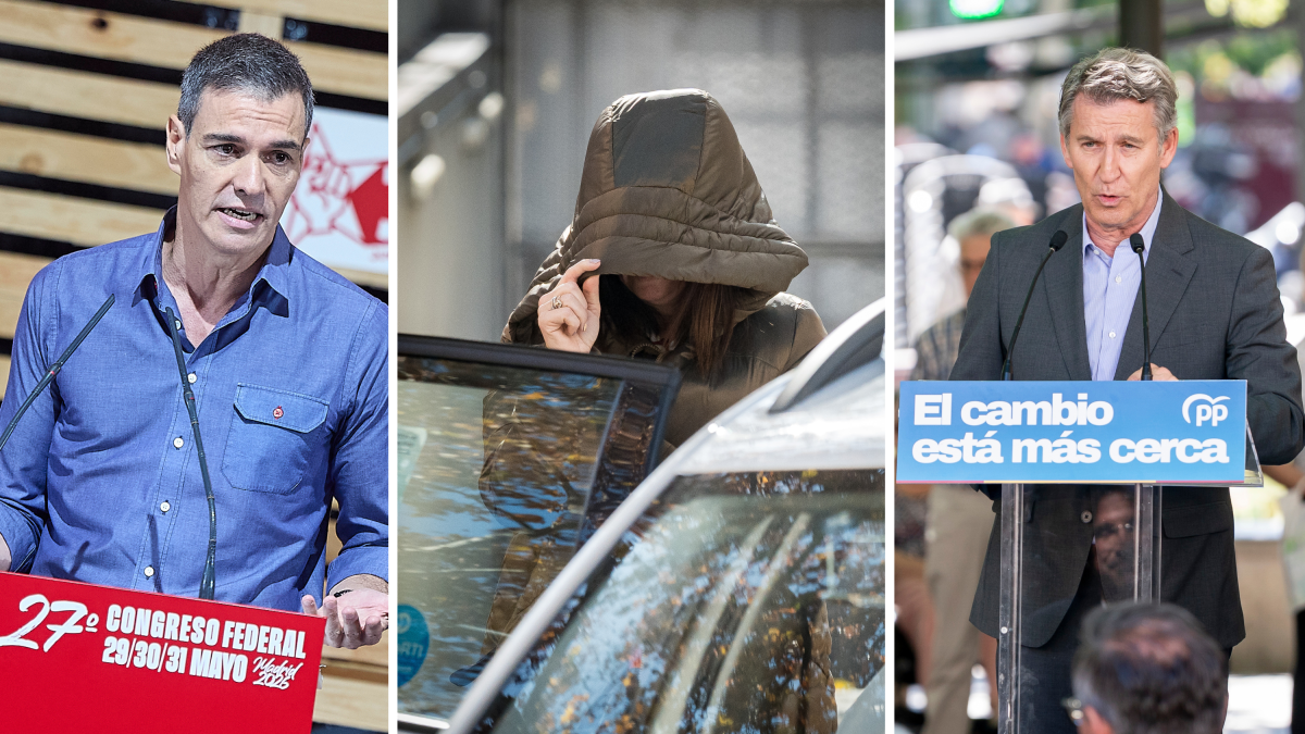 El presidente del Gobierno, Pedro Sánchez (izq.); la 'fontanera del PSOE', Leire Díez (centro); y el líder del PP, Alberto Núñez Feijóo.