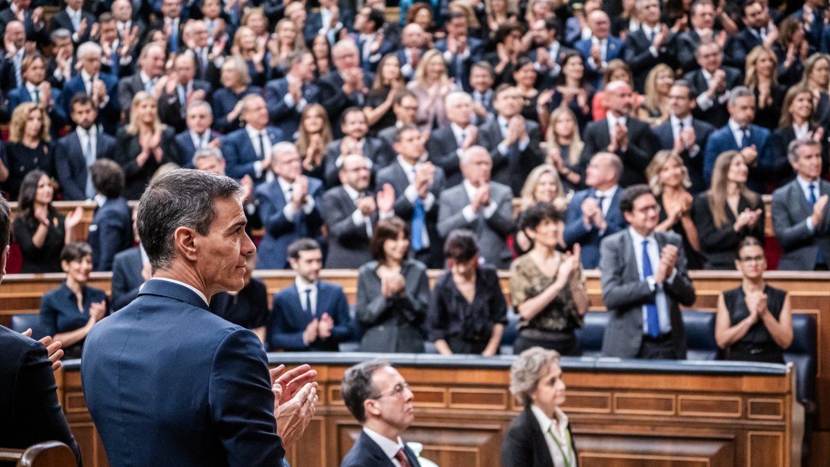 El presidente del Gobierno, Pedro Sánchez, durante la visita del Papa León XIV al Congreso de los Diputados.