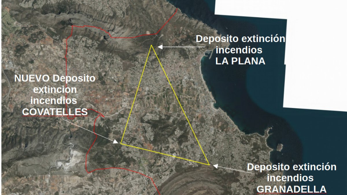Plano de los tres depósitos de Xàbia preparados para la lucha contra los incendios forestales.