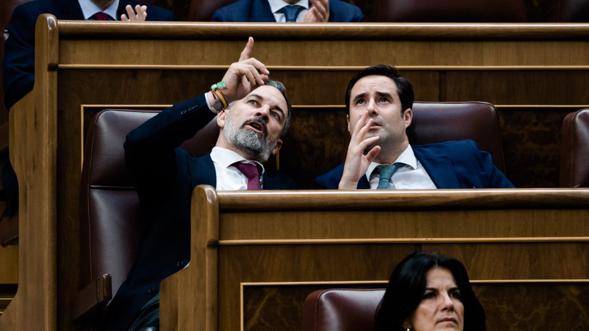 El presidente de Vox, Santiago Abascal (i), y el diputado de Vox Ignacio Hoces (d) durante una sesión en el Congreso
