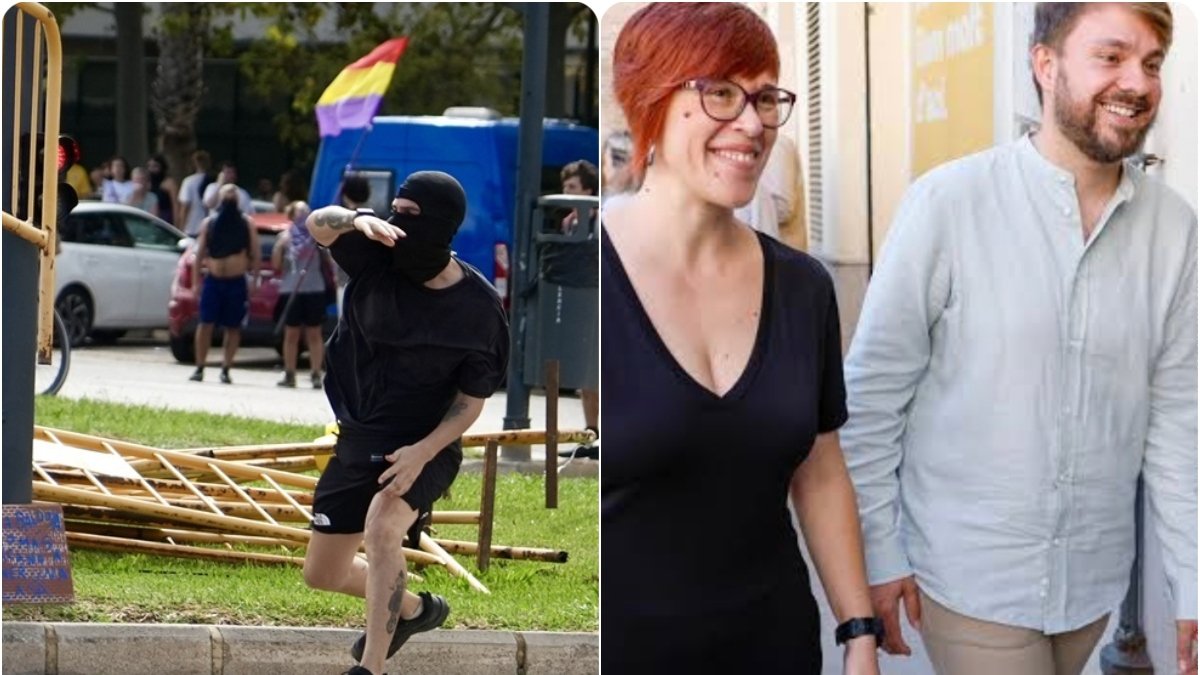 Una persona con pasamontañas enfrentándose a la Policía Nacional en los disturbios de Valencia / Águeda Micó y Alberto Ibáñez (Compromís)